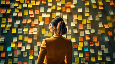 Woman looking and brainstorming with ideas on glass board and sticky note