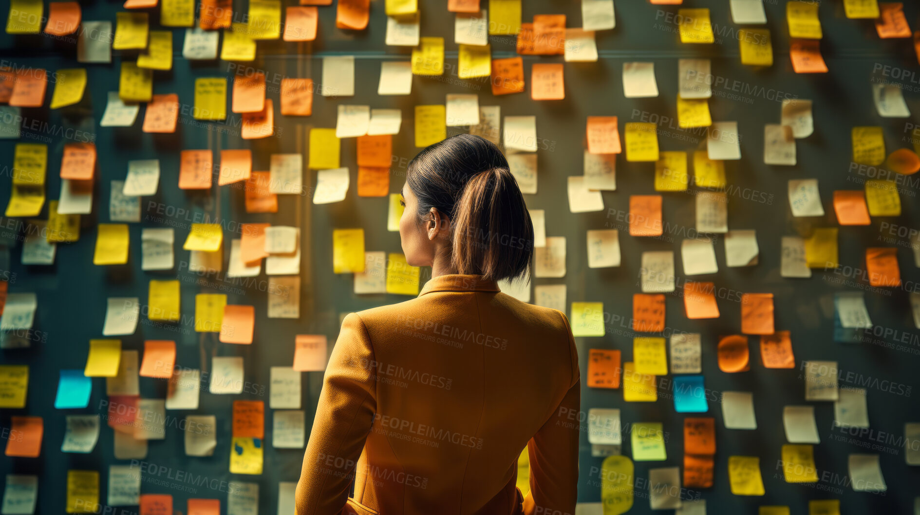 Buy stock photo Woman looking and brainstorming with ideas on glass board and sticky note