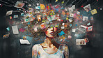 Woman surrounded by social media icons. Big data social media, screens, photos, videos