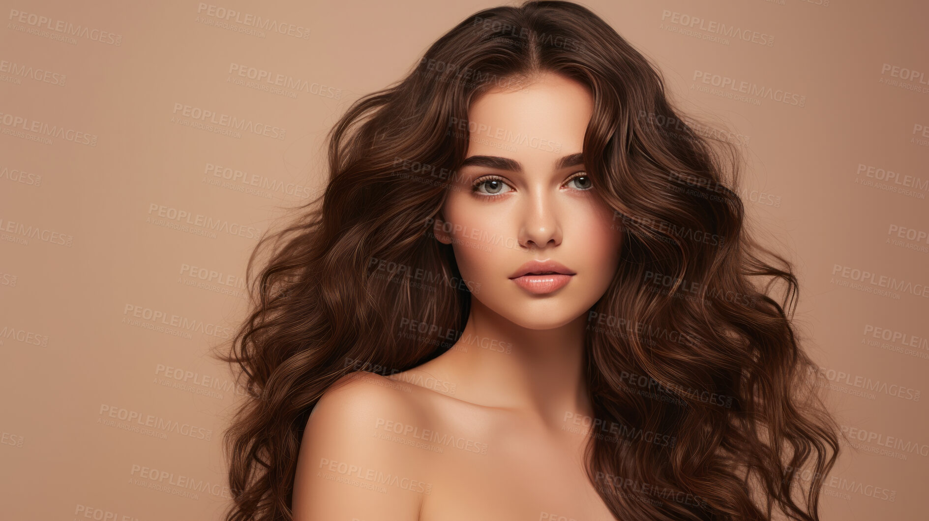 Buy stock photo Portrait of young brunette woman with long wavy hair. Hair care, make-up and hair health