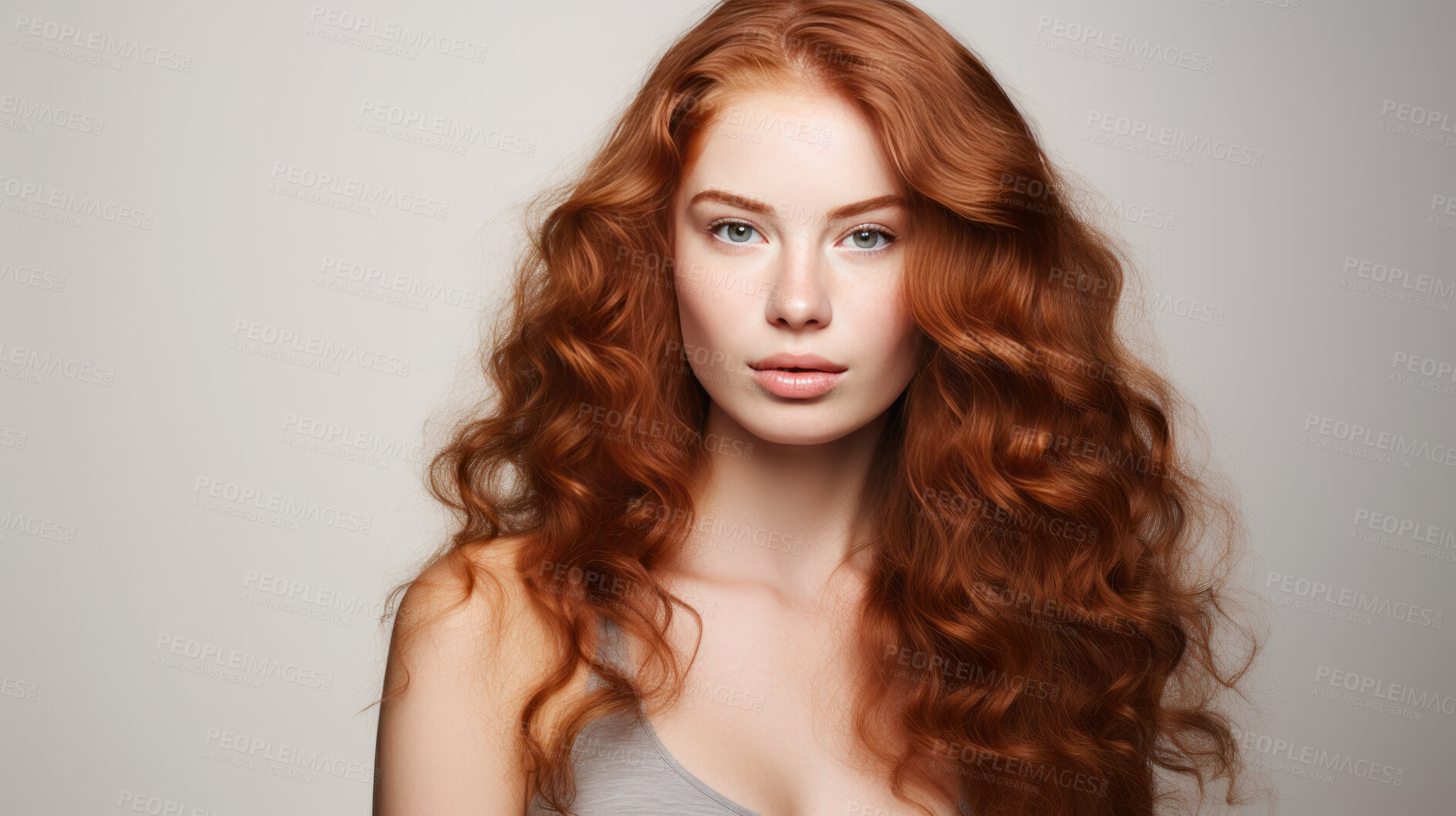 Buy stock photo Portrait of young woman with long wavy ginger hair. Hair care, make-up and hair health