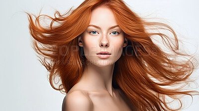 Buy stock photo Portrait of young woman with long wavy ginger hair. Hair care, make-up and hair health