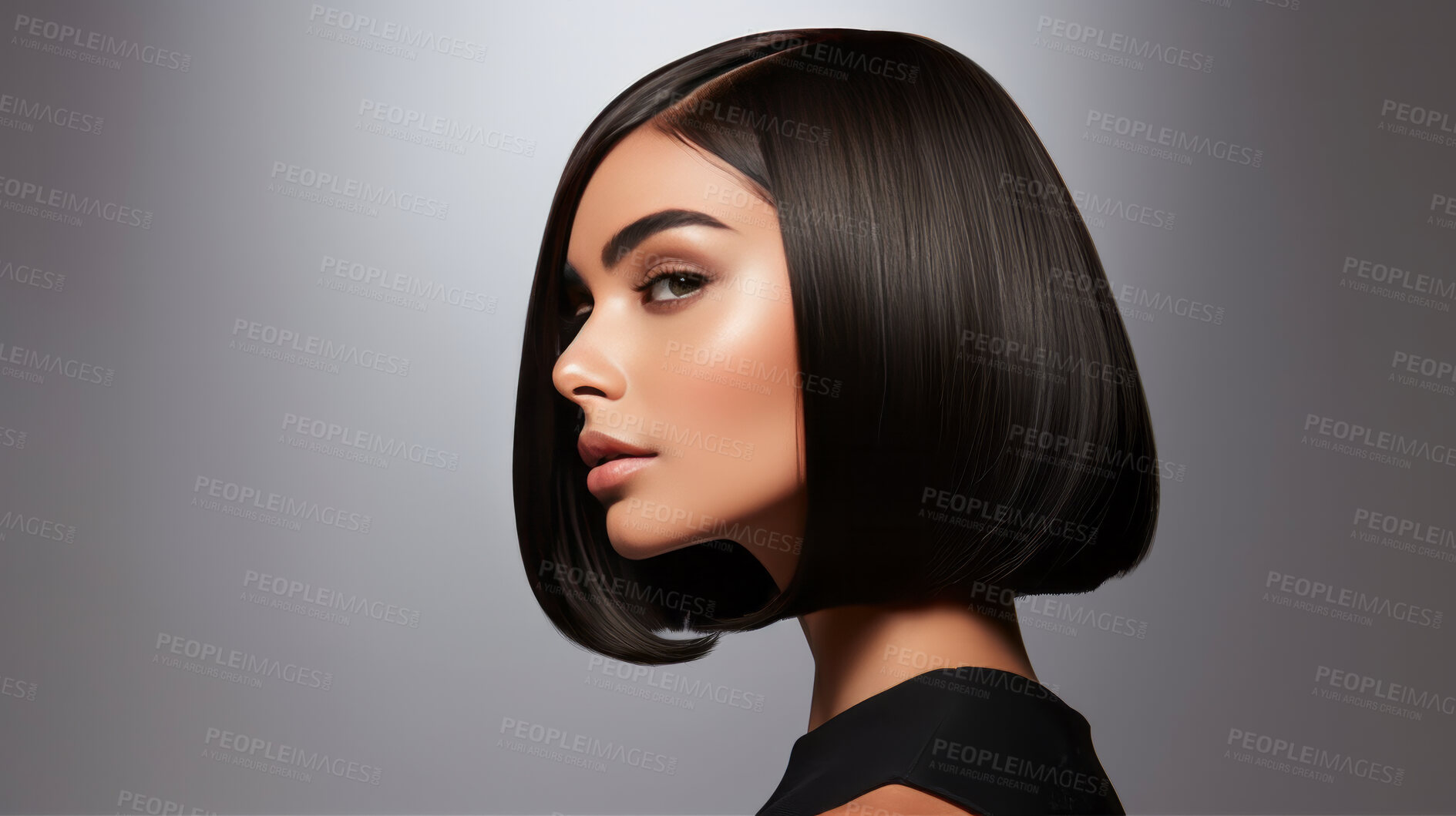 Buy stock photo Portrait of Indian woman with short bob haircut style. Hair care, make-up and hair health