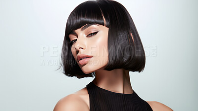 Buy stock photo Portrait of Indian woman with short bob haircut style. Hair care, make-up and hair health