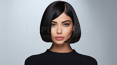 Portrait of Indian woman with short bob haircut style. Hair care, make-up and hair health