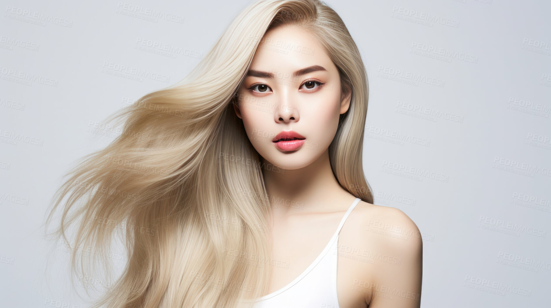 Buy stock photo Portrait of Korean woman with long wavy blonde hair. Hair care, make-up and hair health