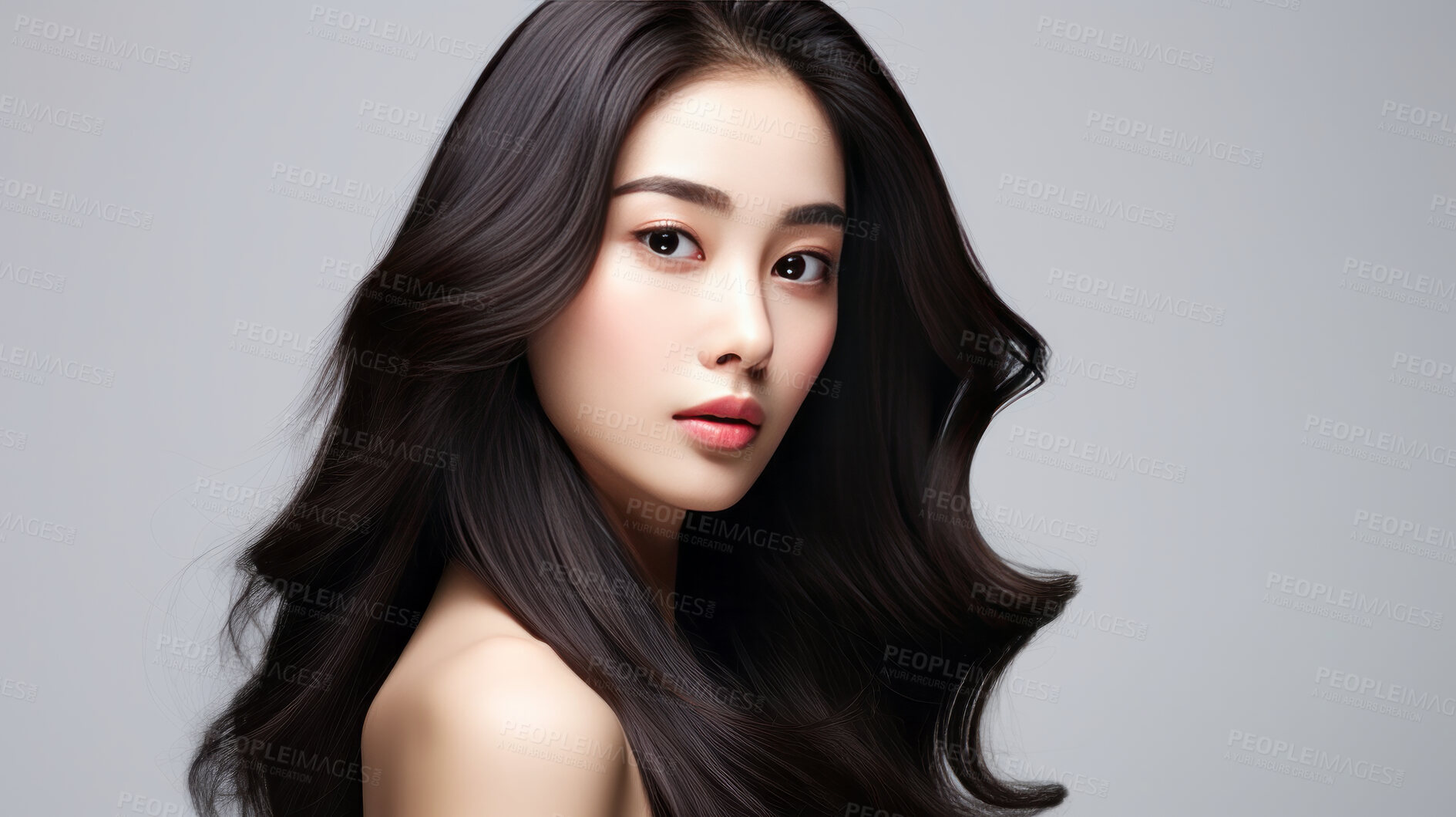 Buy stock photo Portrait of Korean woman with long wavy black hair. Hair care, make-up and hair health