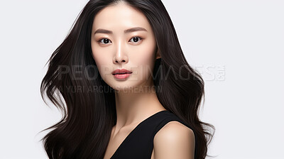 Buy stock photo Portrait of Korean woman with long wavy black hair. Hair care, make-up and hair health