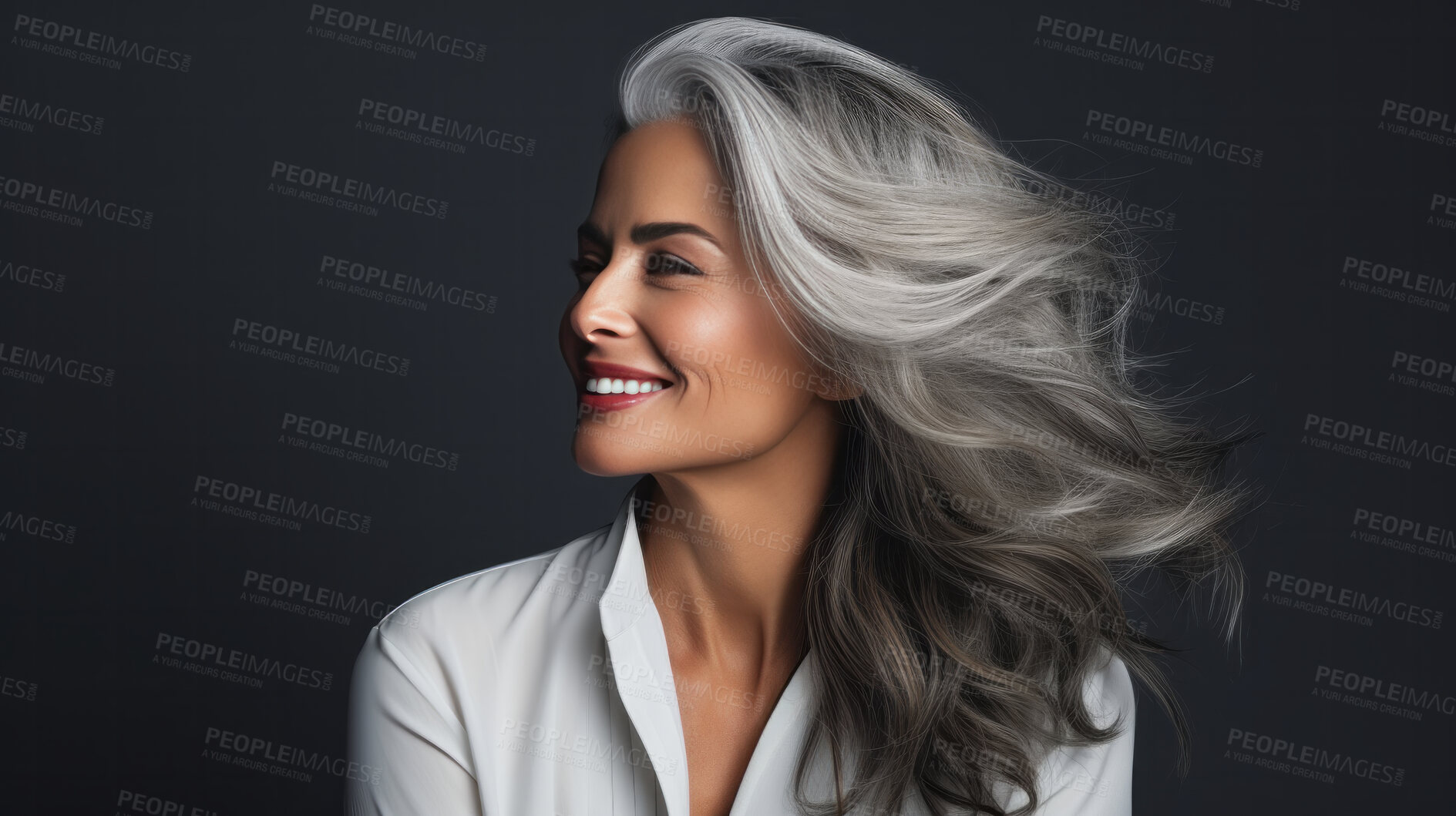 Buy stock photo Portrait of mature woman with curly wavy grey hair. Hair care, make-up and hair health