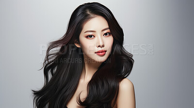 Portrait of Korean woman with long wavy black hair. Hair care, make-up and hair health