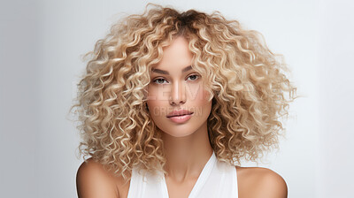Portrait of young woman with blonde natural curly hair. Hair care, make-up and hair health