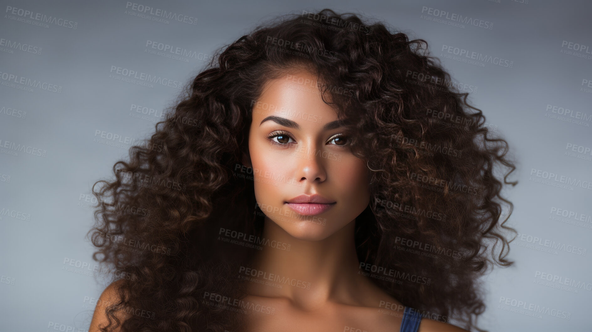 Buy stock photo Portrait of young woman with dark natural curly hair. Hair care, make-up and hair health