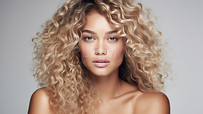 Portrait of young woman with blonde natural curly hair. Hair care, make-up and hair health