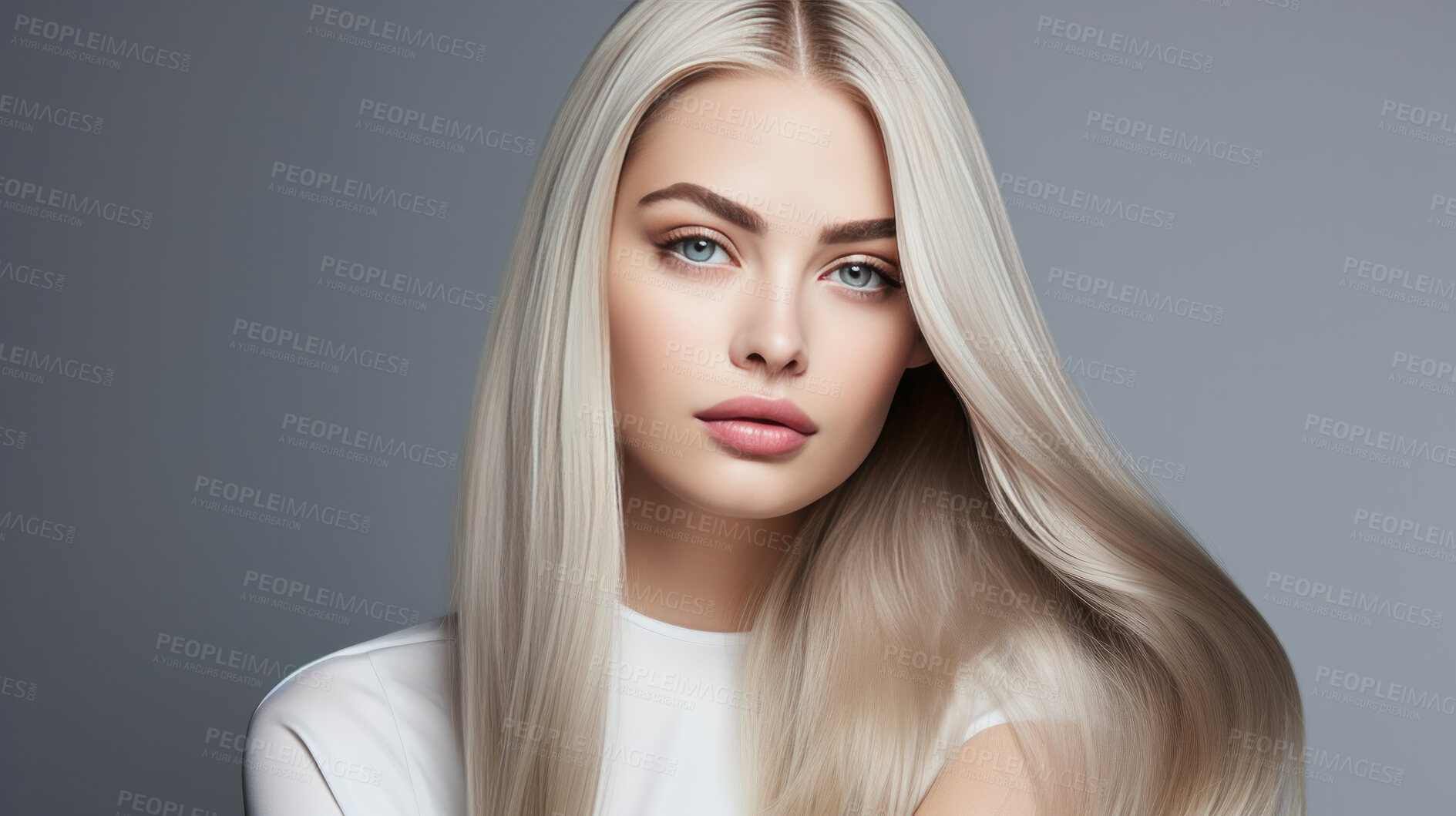 Buy stock photo Portrait of young woman with long straight blonde hair. Hair care, make-up and hair health