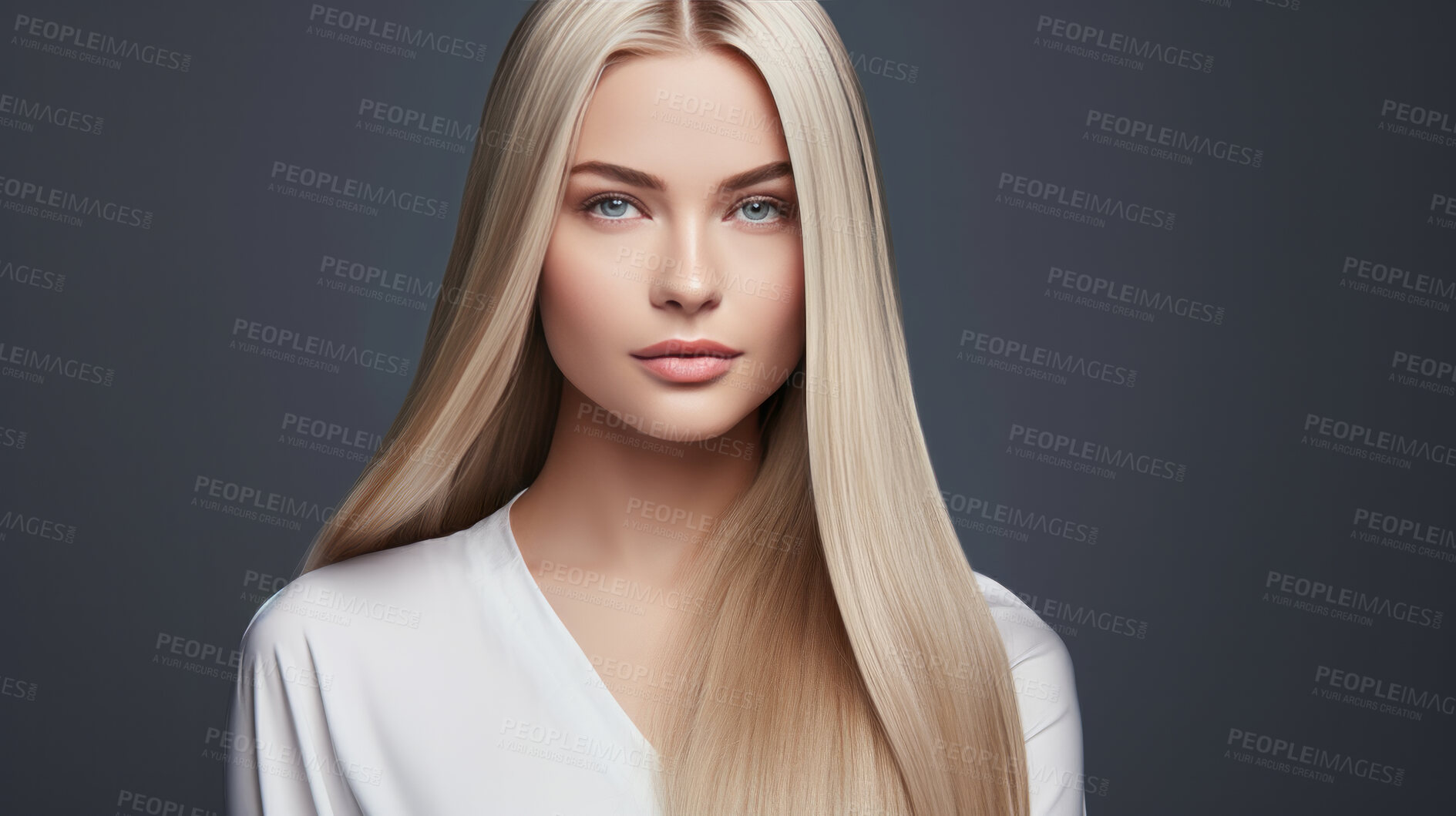 Buy stock photo Portrait of young woman with long straight blonde hair. Hair care, make-up and hair health