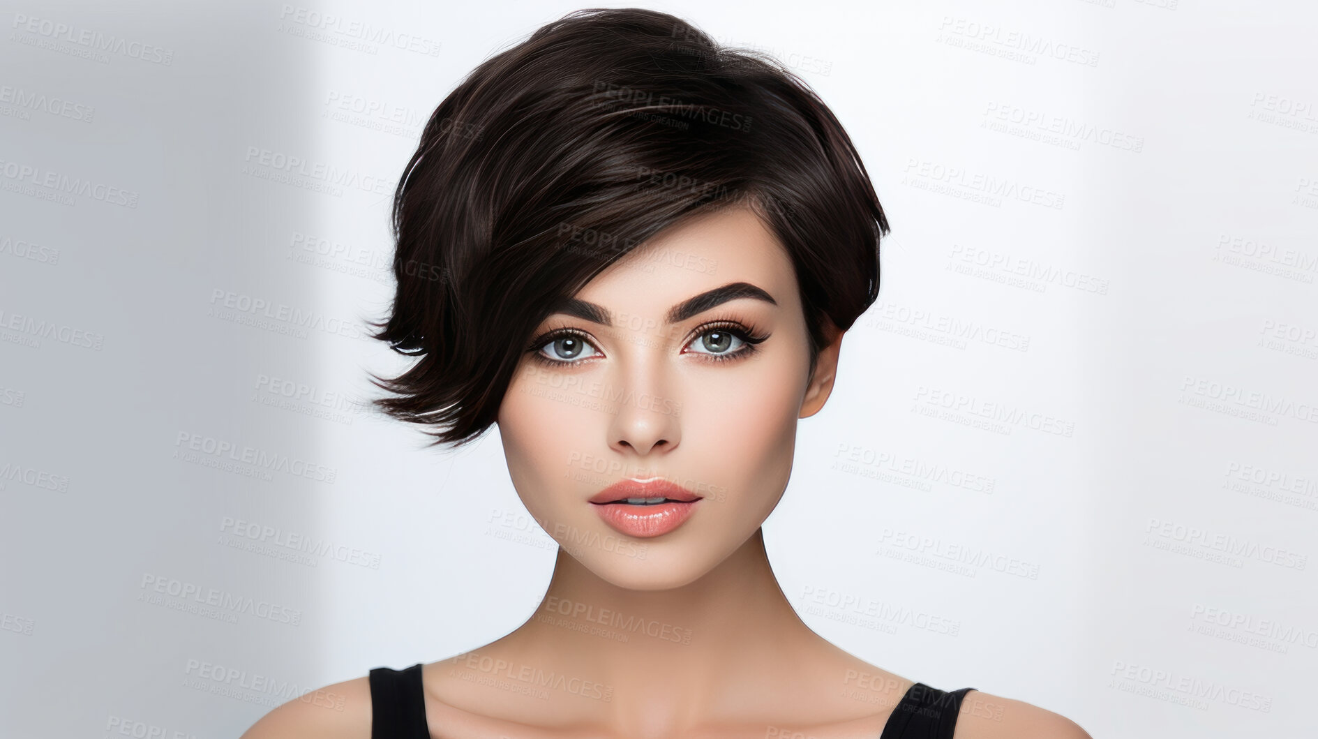 Buy stock photo Portrait of young woman with short dark pixie haircut. Hair care, make-up and hair health