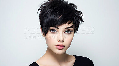 Portrait of young woman with short dark pixie haircut. Hair care, make-up and hair health