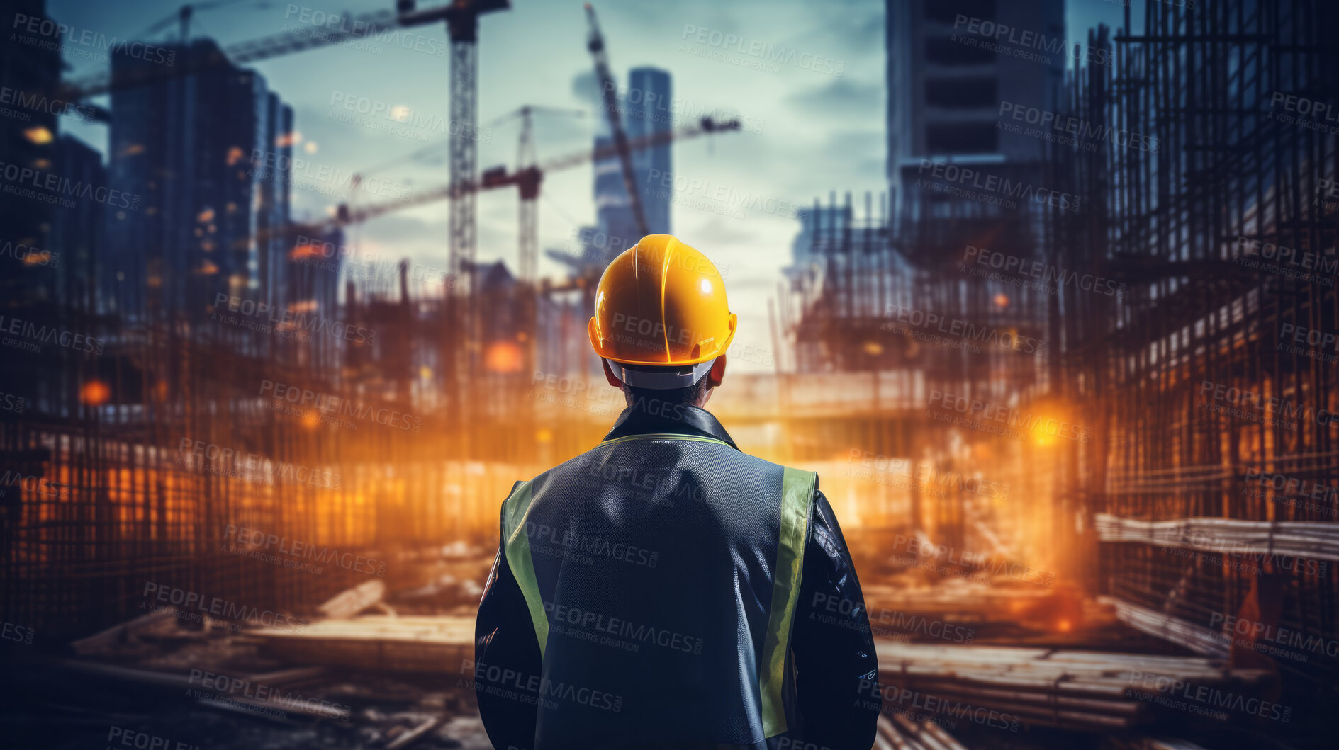 Buy stock photo Back view of civil engineer or professional building constructor wearing safety hat