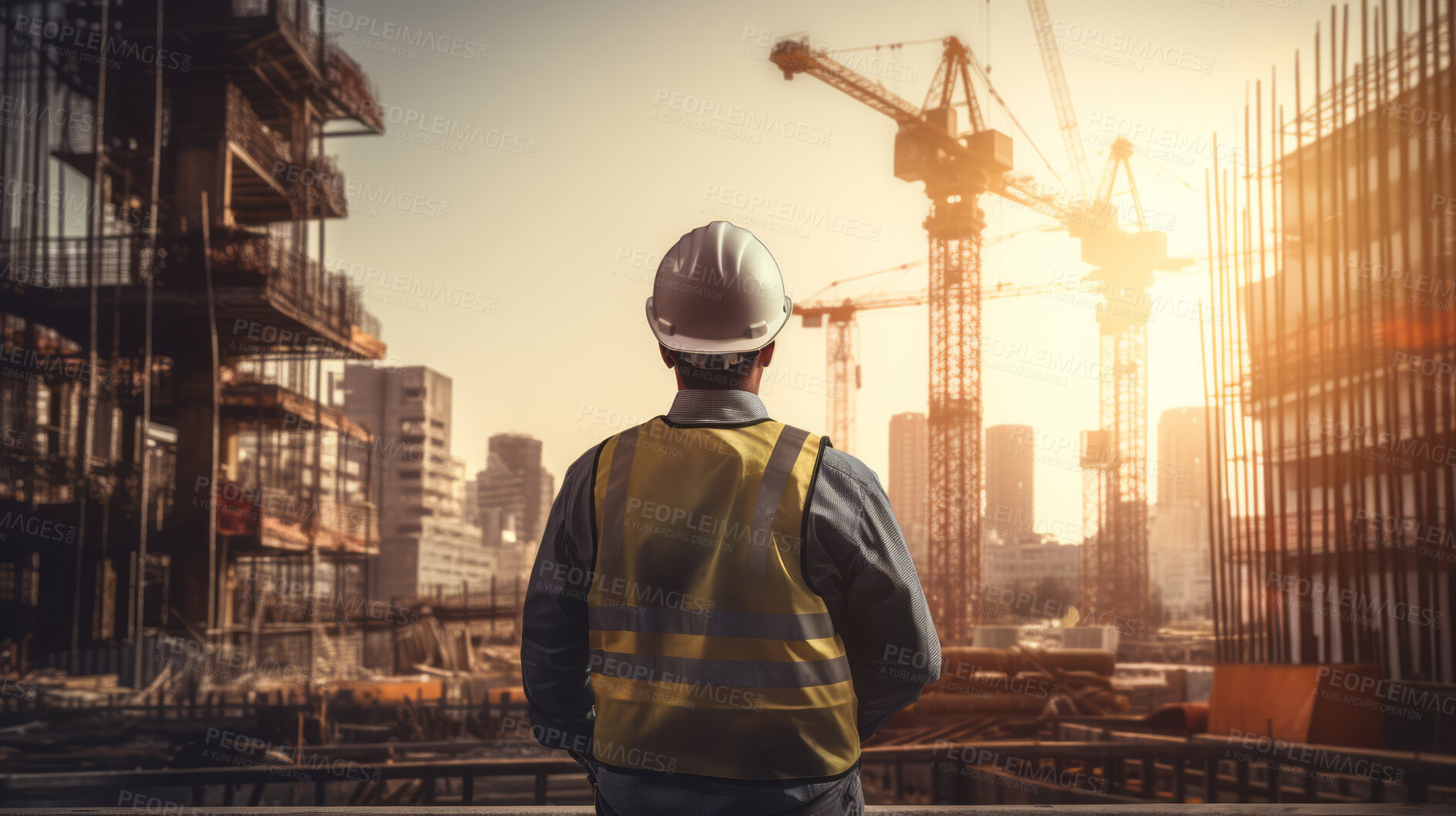 Buy stock photo Back view of civil engineer or professional building constructor wearing safety hat