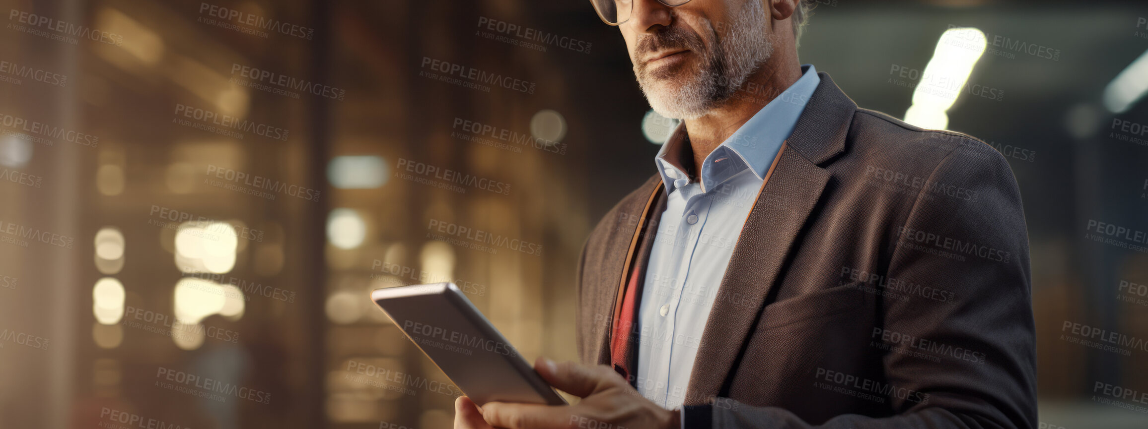 Buy stock photo Civil engineer or professional architectural designer holding a tablet and working on site