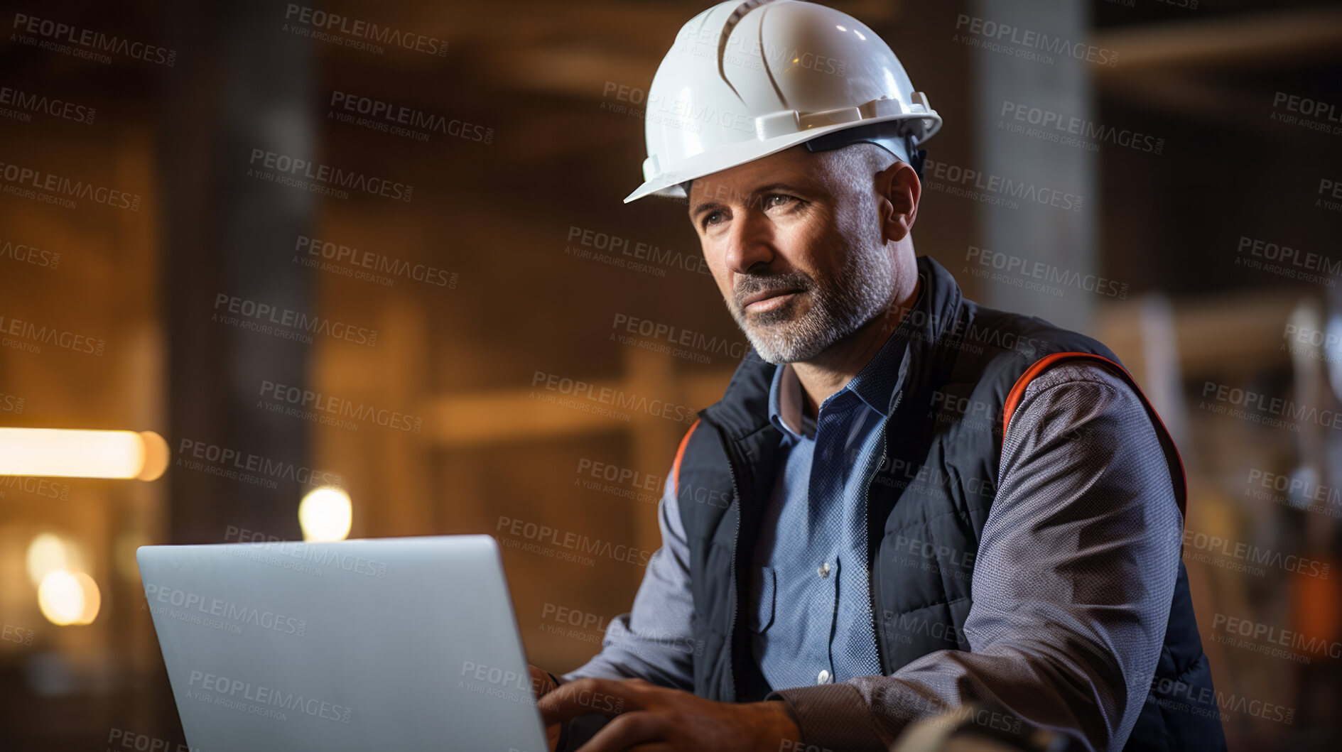 Buy stock photo Civil engineer or professional building constructor looking and working on his laptop on site