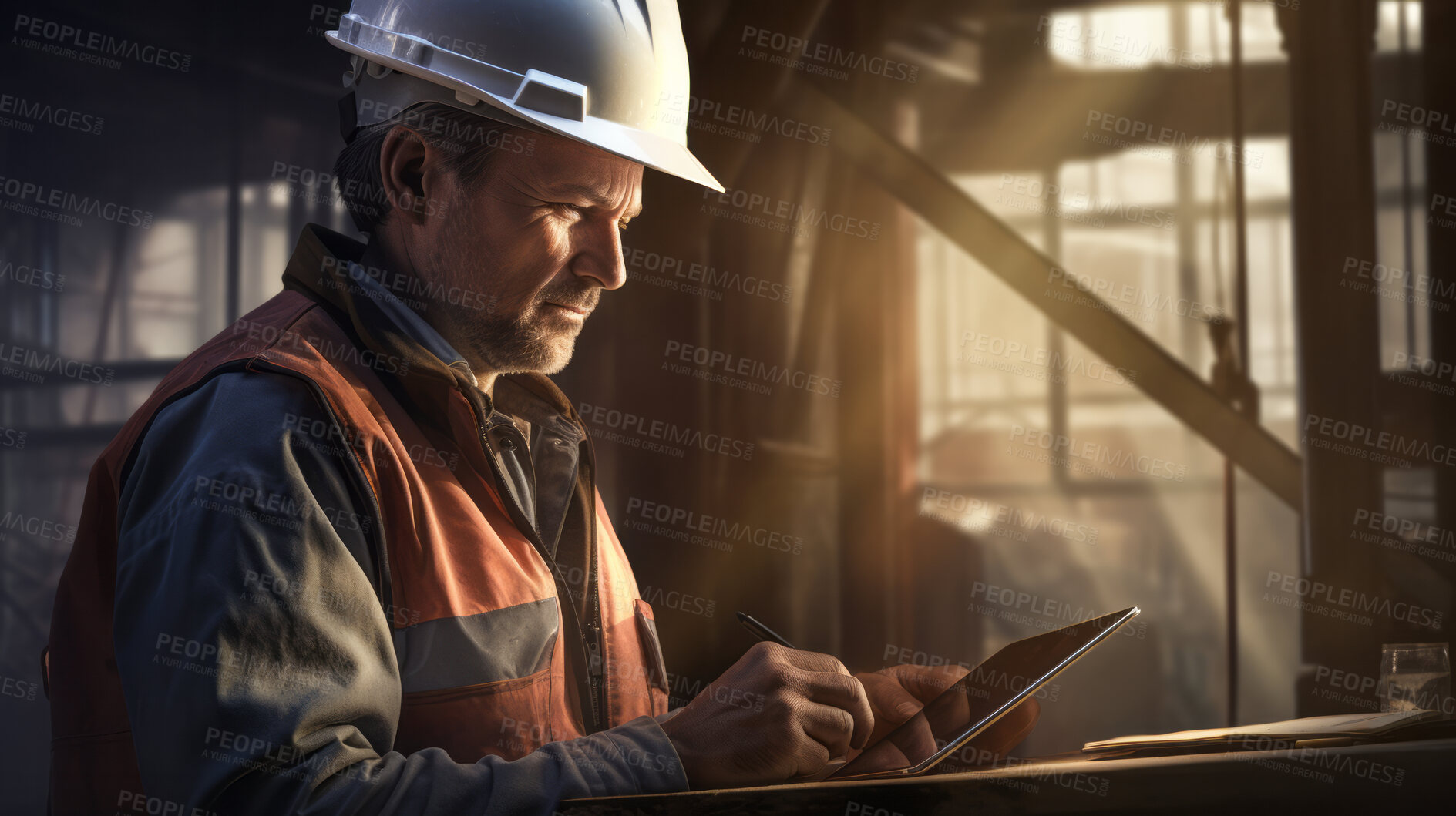 Buy stock photo Civil engineer or professional building constructor holding a tablet and working on site