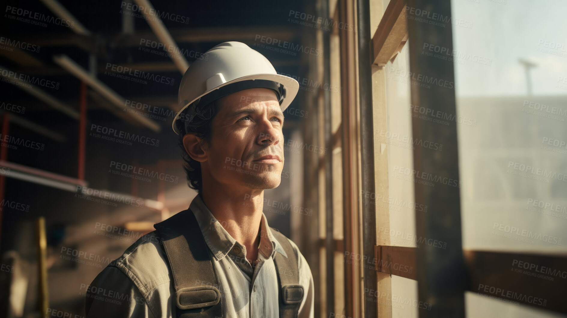 Buy stock photo Civil engineer or professional building constructor inspecting and working on site