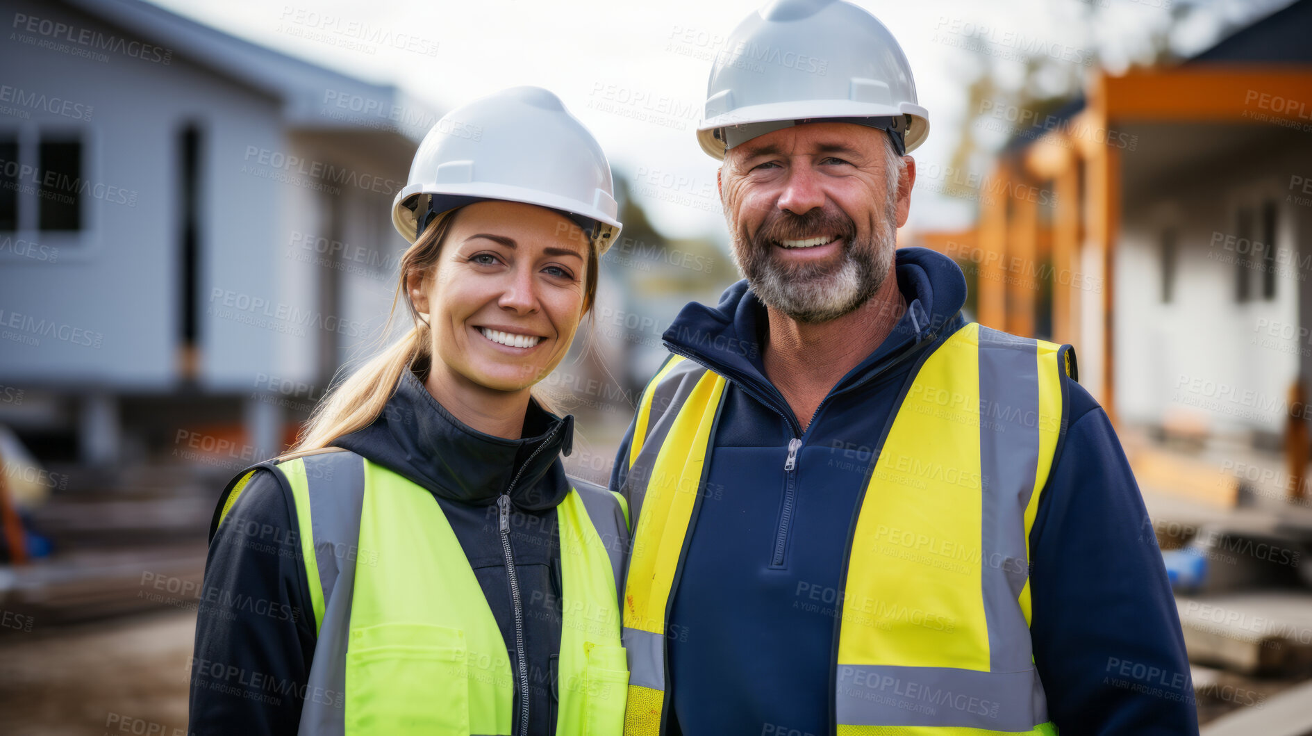 Buy stock photo Portrait of smiling civil engineer or professional building constructors or architects