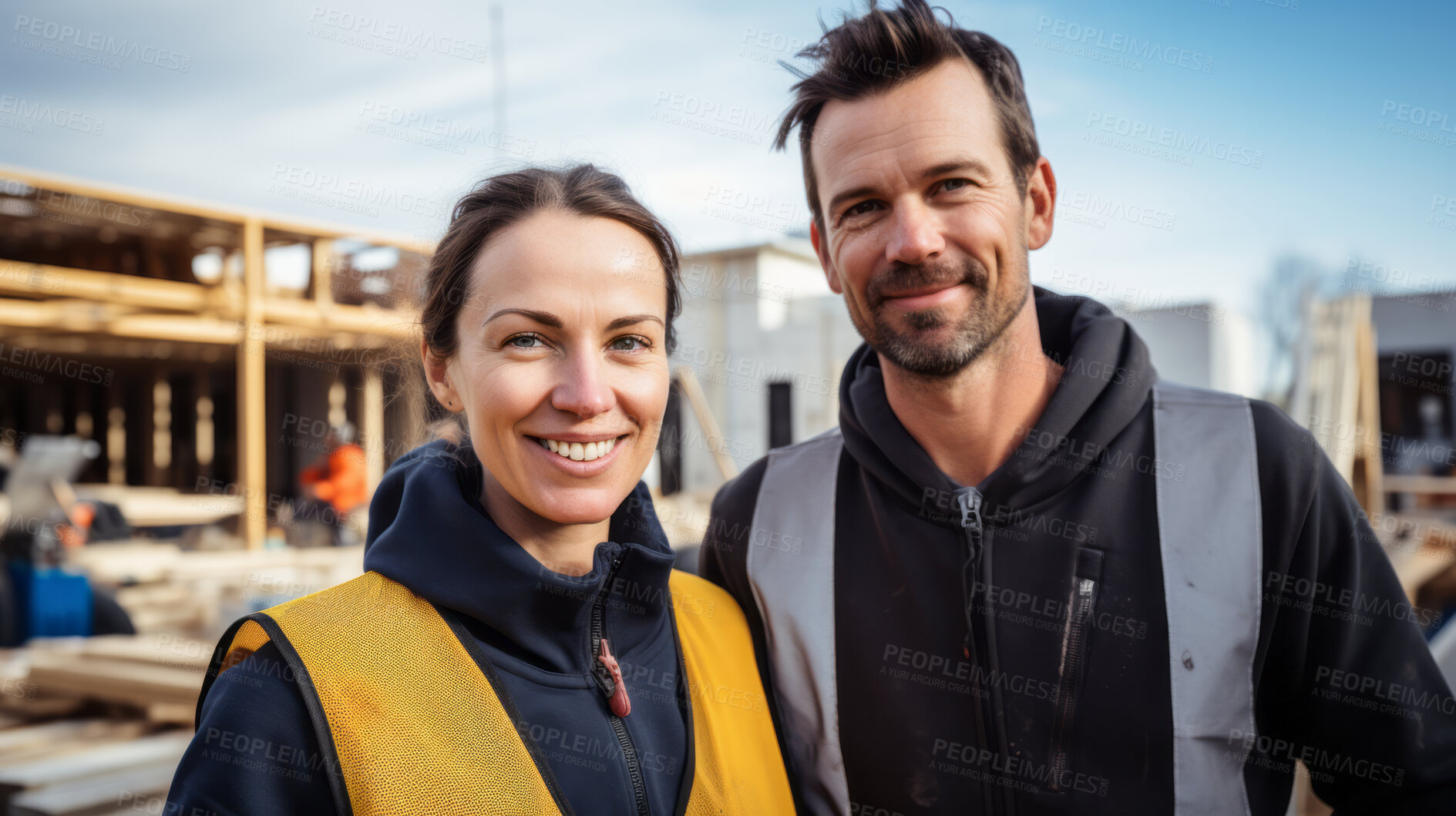 Buy stock photo Portrait of smiling civil engineer or professional building constructors or architects