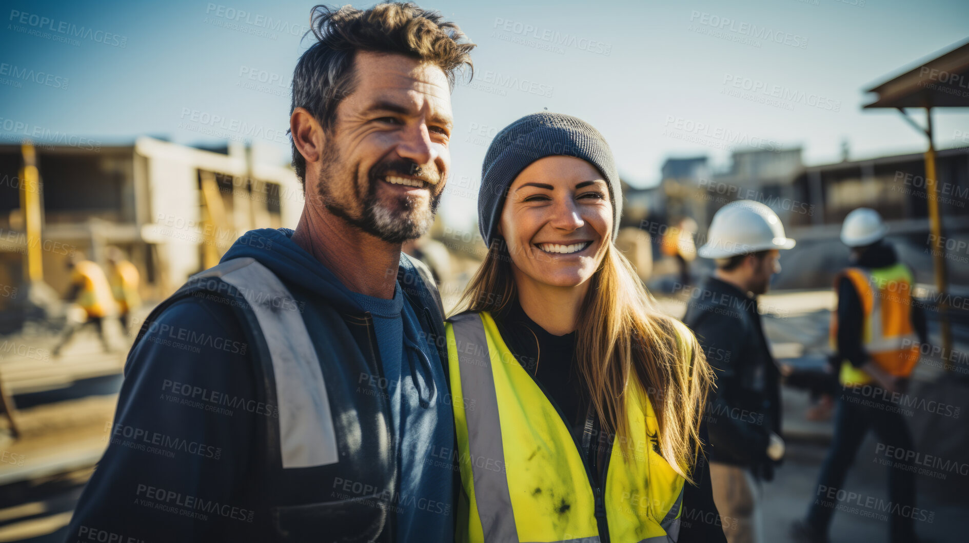 Buy stock photo Portrait of smiling civil engineer or professional building constructors or architects