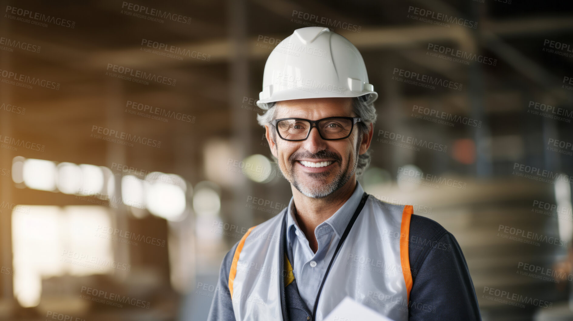 Buy stock photo Portrait of smiling civil engineer or professional building constructor wearing safety hat