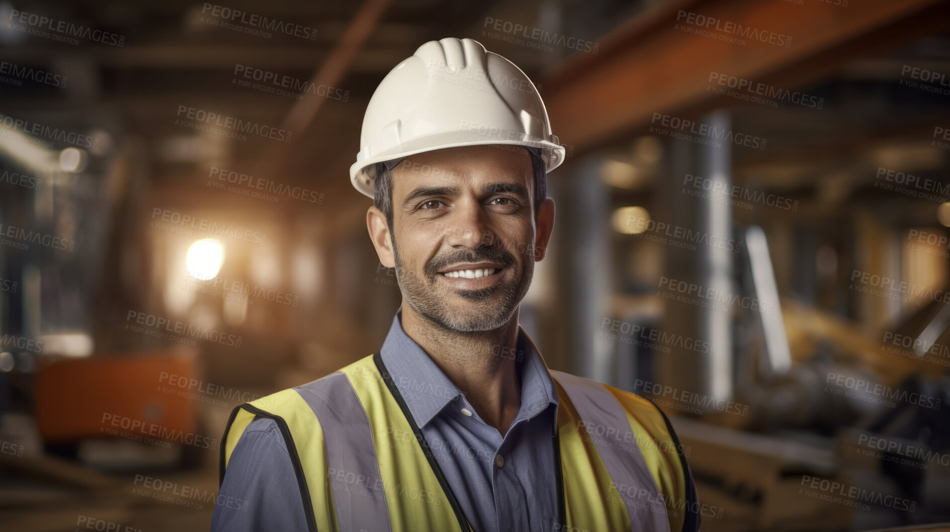 Buy stock photo Portrait of smiling civil engineer or professional building constructor wearing safety hat