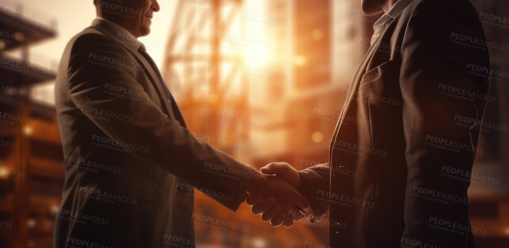 Buy stock photo Business man handshake with construction builder or engineer. Silhouette sunrise handshake