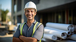 Portrait of smiling civil engineer or professional building constructor wearing safety hat