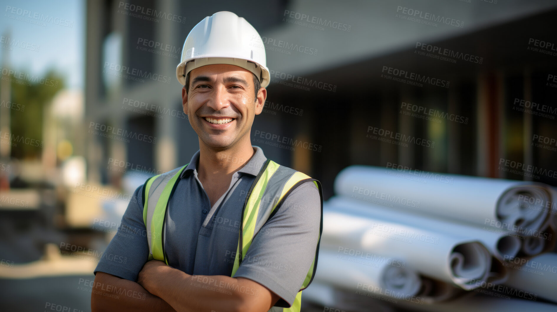 Buy stock photo Portrait of smiling civil engineer or professional building constructor wearing safety hat