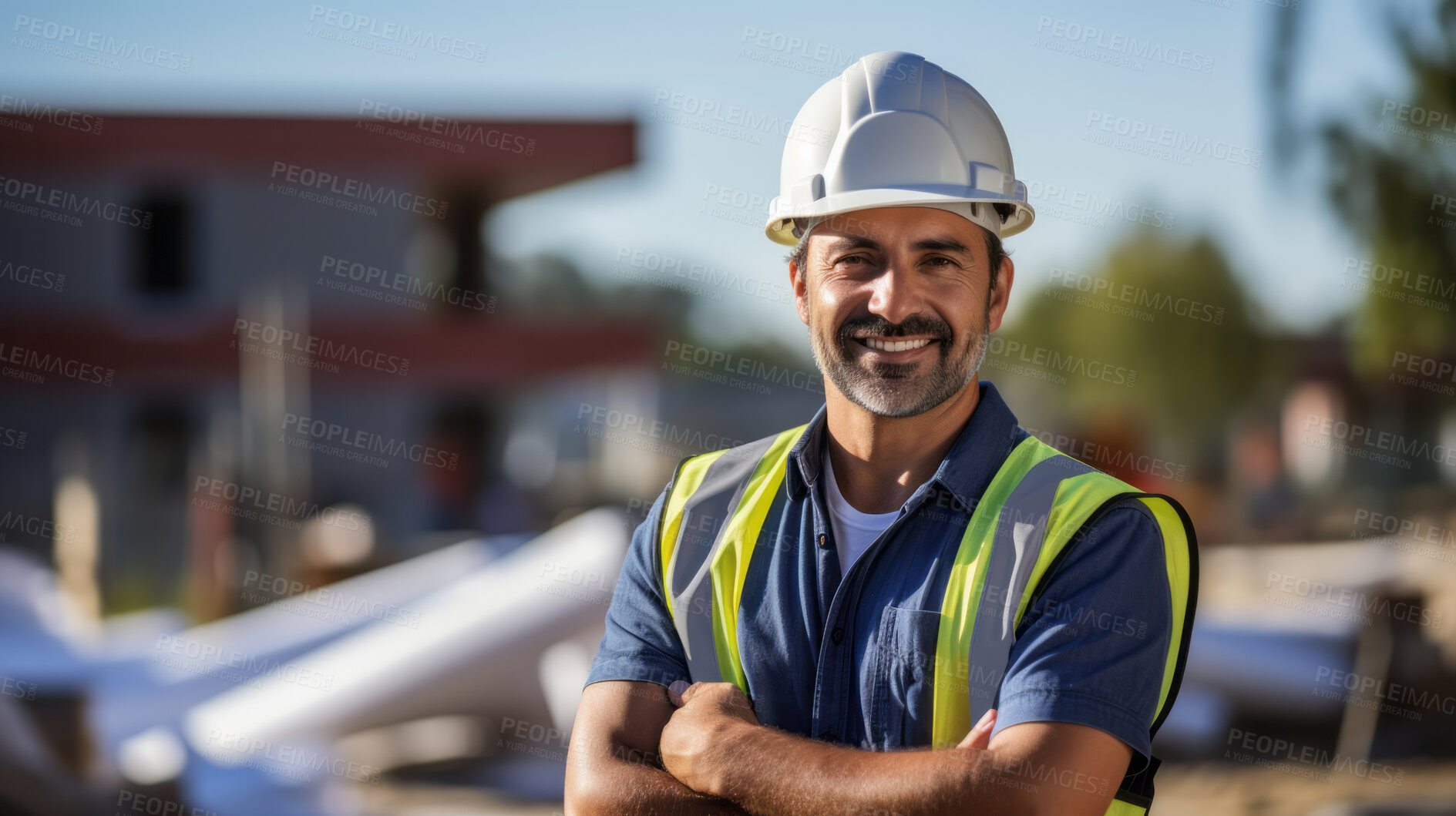 Buy stock photo Portrait of smiling civil engineer or professional building constructor wearing safety hat