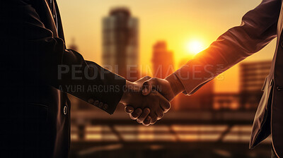 Buy stock photo Business man handshake with construction builder or engineer. Silhouette sunrise handshake
