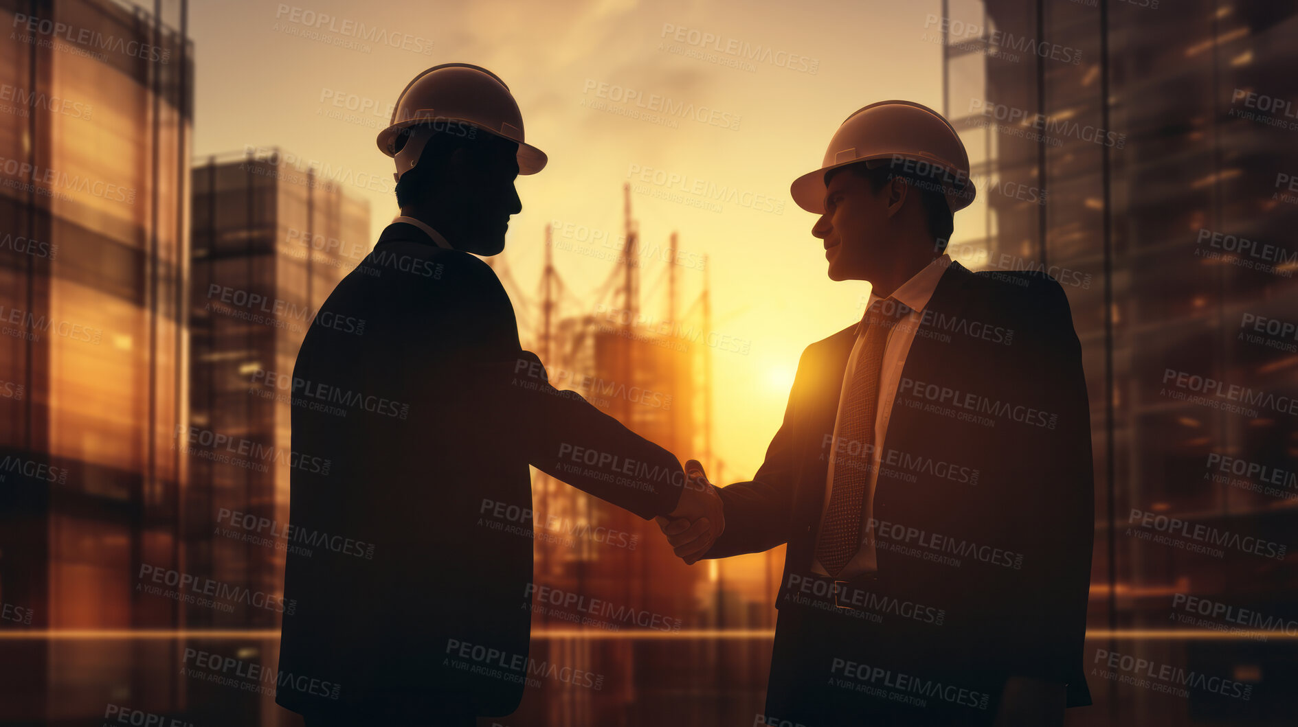 Buy stock photo Business man handshake with construction builder or engineer. Silhouette sunrise handshake