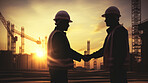Business man handshake with construction builder or engineer. Silhouette sunrise handshake