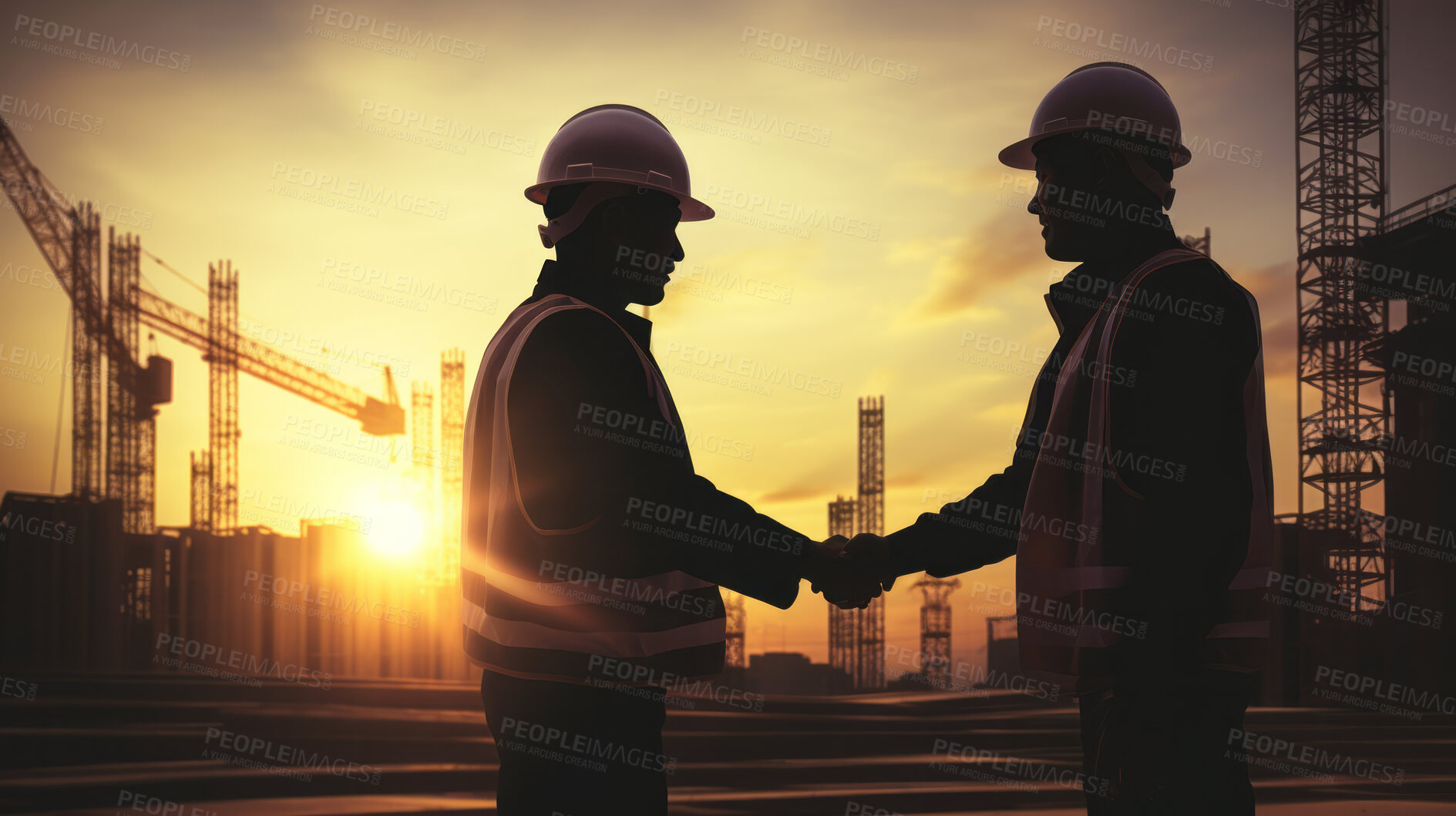 Buy stock photo Business man handshake with construction builder or engineer. Silhouette sunrise handshake