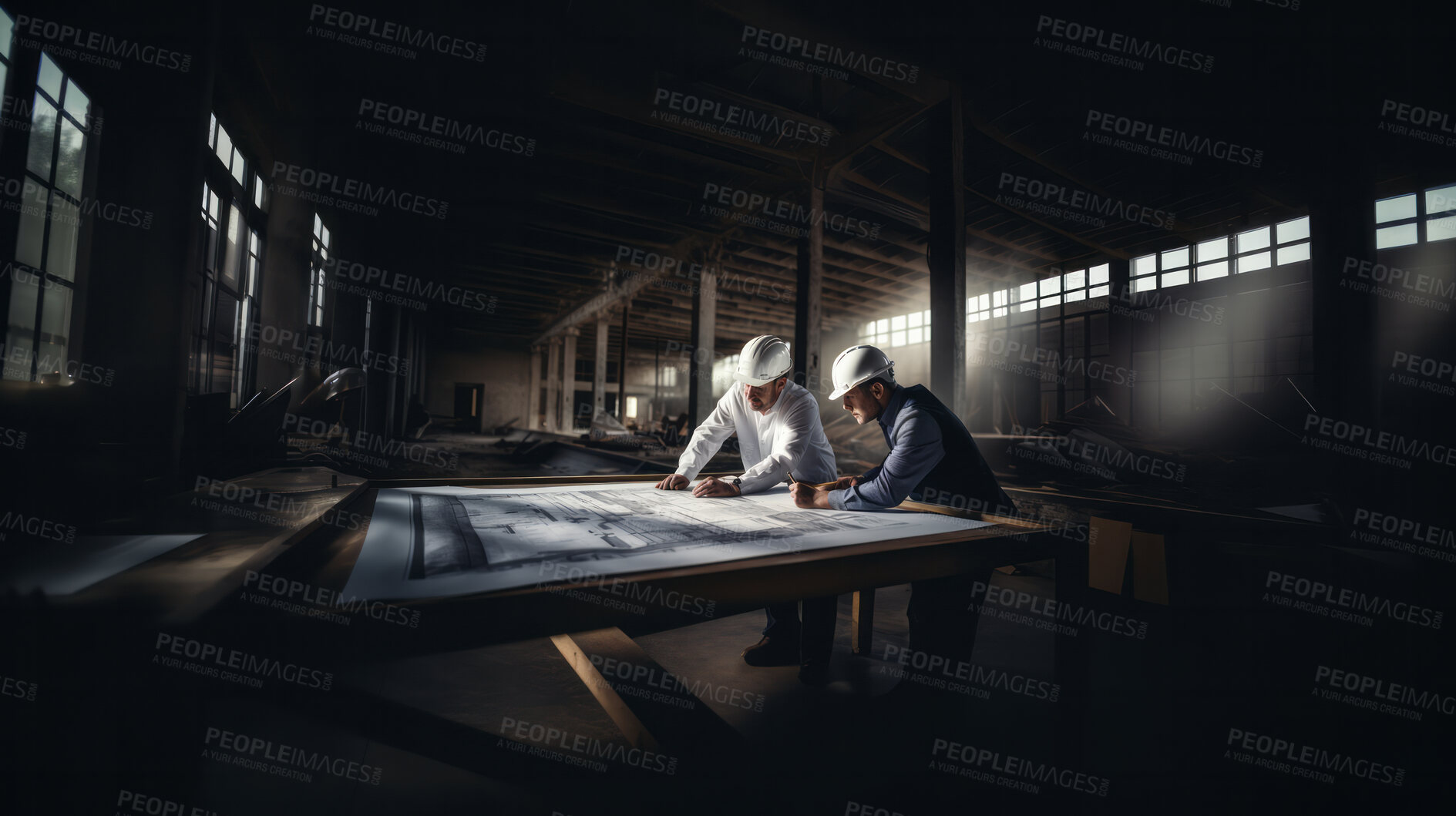 Buy stock photo Professional architect constructor engineer working, discussing building plan