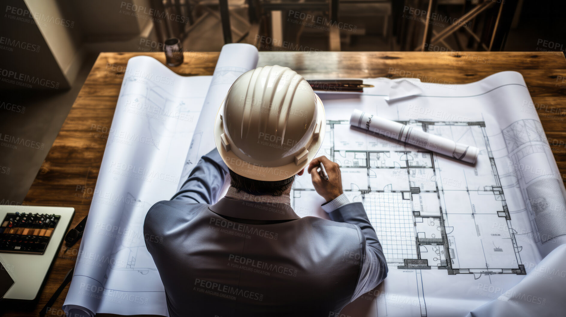 Buy stock photo Professional architect constructor engineer working, looking at building plan