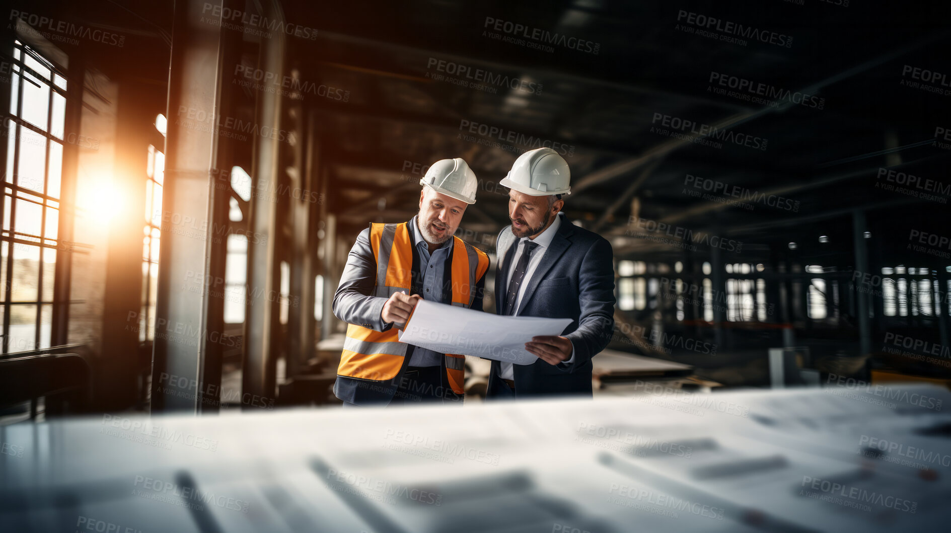 Buy stock photo Professional architect constructor engineer working, discussing building plan