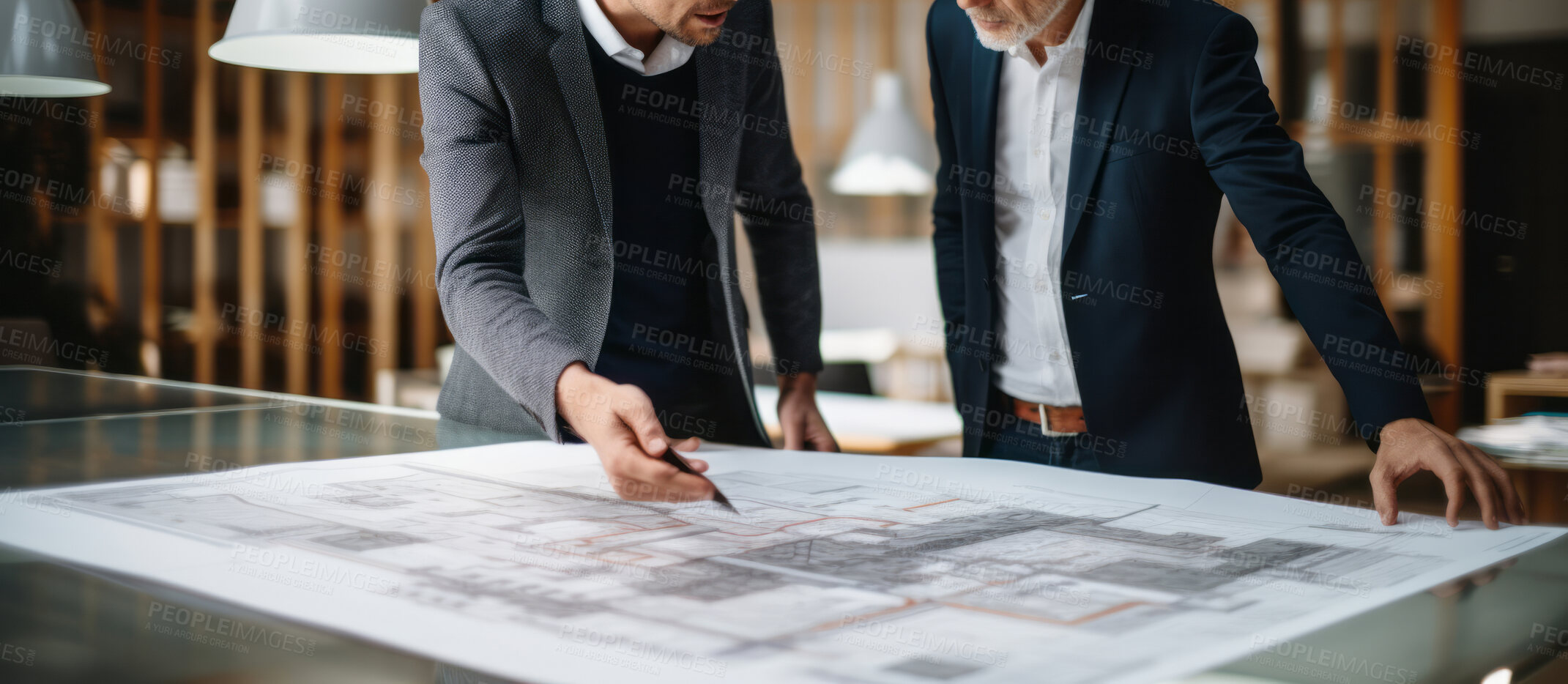 Buy stock photo Professional architect designers engineer colleagues working and discussing building plan