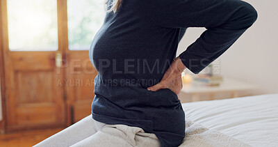 Buy stock photo Senior person, back pain and bedroom with muscle problem and arthritis in retirement. Elderly patient, osteoporosis and injury on a bed with hands holding for support of inflammation with crisis