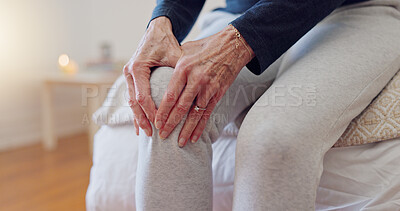 Buy stock photo Hands, pain and closeup of senior woman in bedroom with injury, hurt or accident at nursing home. Sick, illness and zoom of elderly female person in retirement holding leg with sprain muscle at house