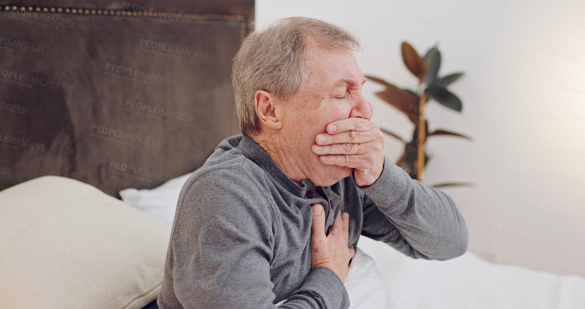 Buy stock photo Sick, cough and senior man in bed with allergies, flu or cold on a weekend morning at home. Illness, chest pain and elderly male person in retirement with asthma or infection in bedroom at house.