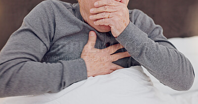 Sick, cough and closeup of senior man in bed with allergies, flu or cold on weekend morning at home. Illness, chest pain and zoom of elderly male person in retirement with asthma in bedroom at house.