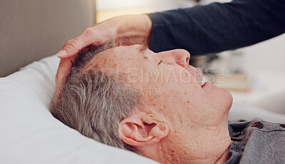 Buy stock photo Senior woman care for sick husband in bed with love, bonding and marriage at home together. Illness, recovery and elderly couple in retirement relaxing in bedroom of hospice, nursing center or house.
