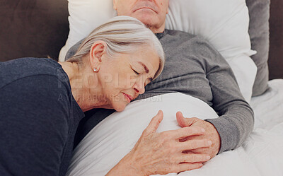 Buy stock photo Care, bed and senior couple in home for bonding, relationship and hug for recovery in home. Marriage, retirement and elderly man and woman embrace in bedroom for healthcare, nursing and wellness